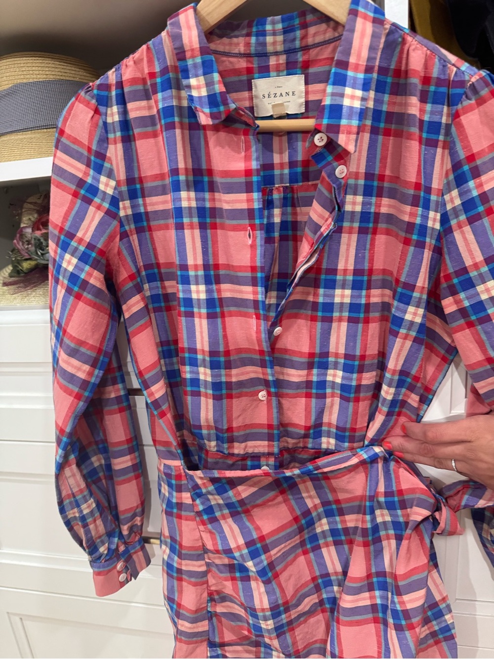 Sezane Pink and Blue Plaid Wrap Dress - Picture 3 of 6
